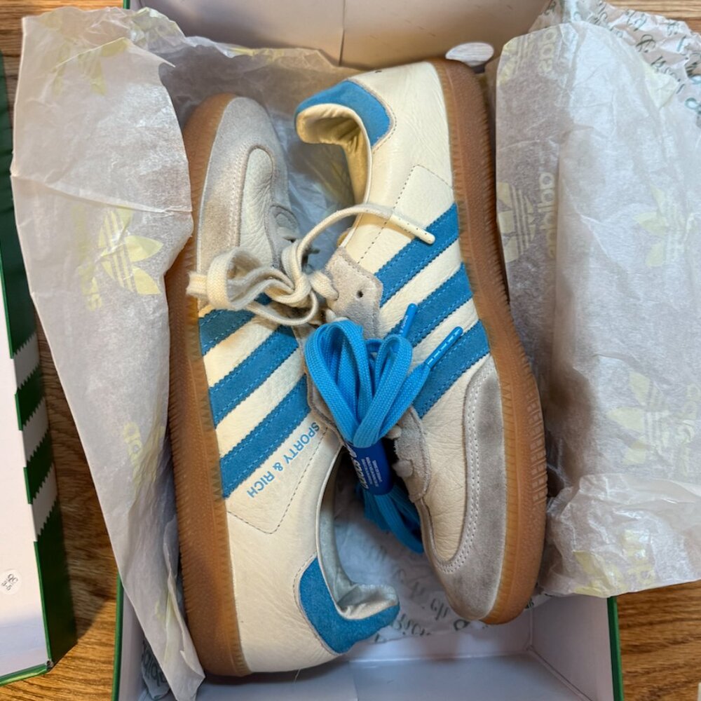 Adidas x Sporty and Ruch Samba Cream and Blue Sneakers